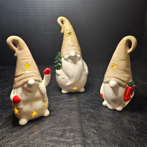 3 Piece Ceramic LED Gnome Set Light Up Built In LED Battery Holiday Home Decor - Picture 1 of 13